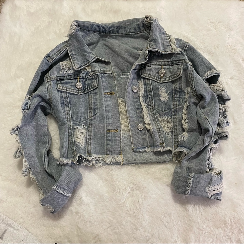 SHEIN Ripped Denim Jacket in Light Blue